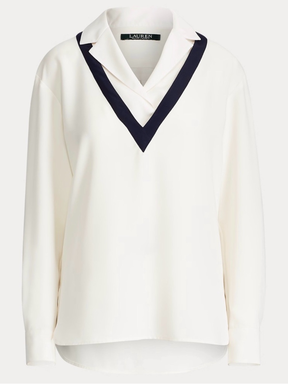 Lauren Ralph Lauren White V-Neck Pullover Blouse with Navy Trim